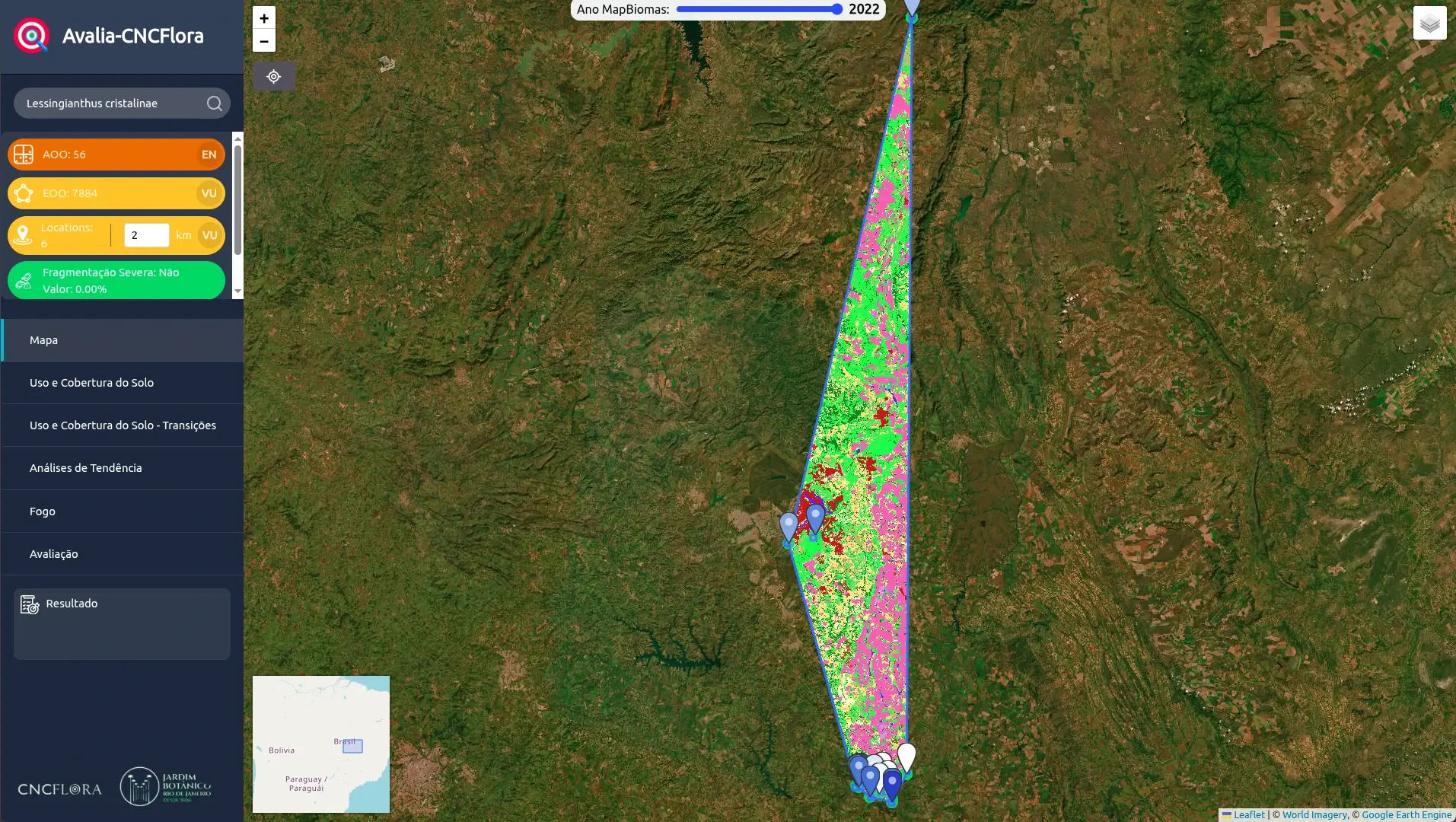 Interface do Avalia-CNCFlora com mapa, ocorrências e indicadores geoespaciais